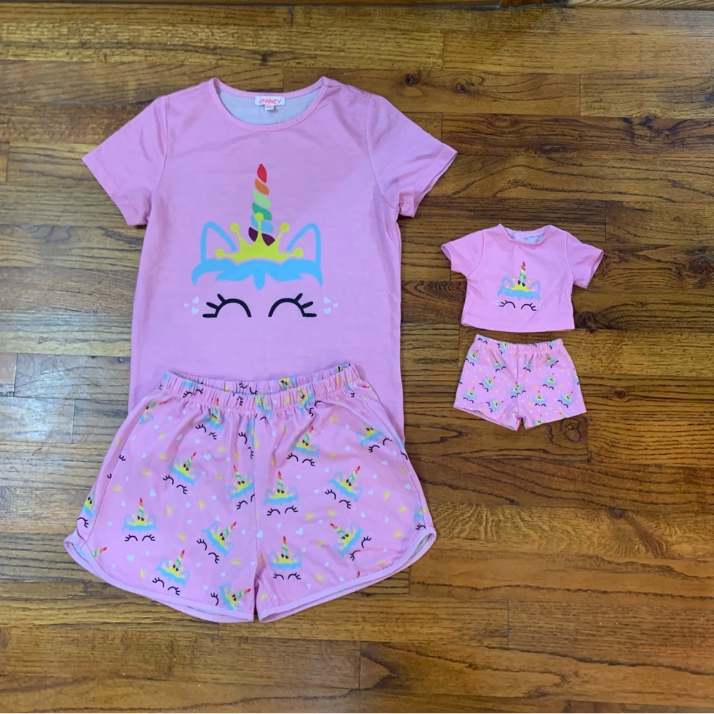 Girls 2Pc Pajama Set & 18” Our Generation American Girl Doll Matching Unicorn Pa